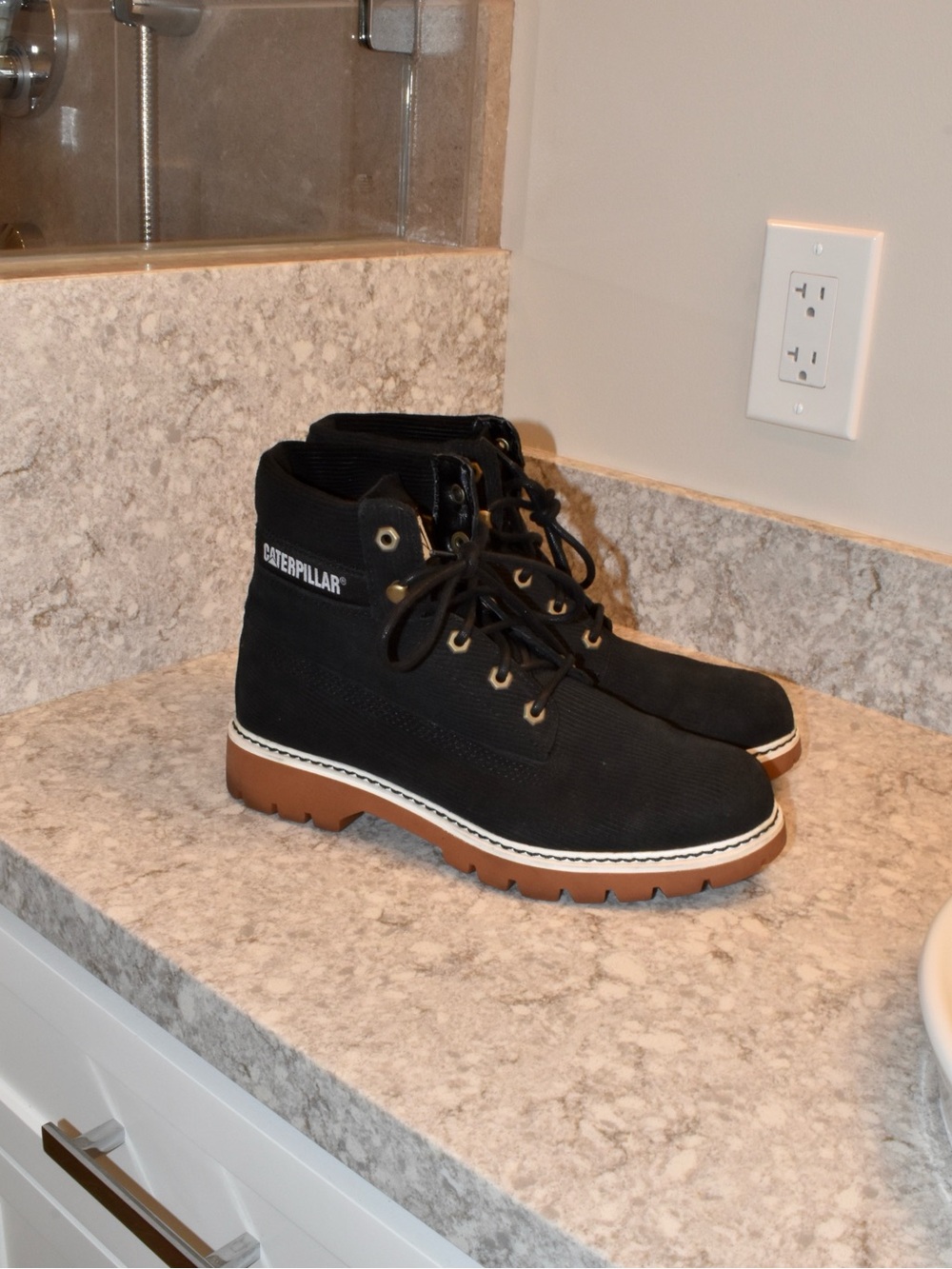 Caterpillar Black Suede Corduroy Ankle Boots with Brown & White Details